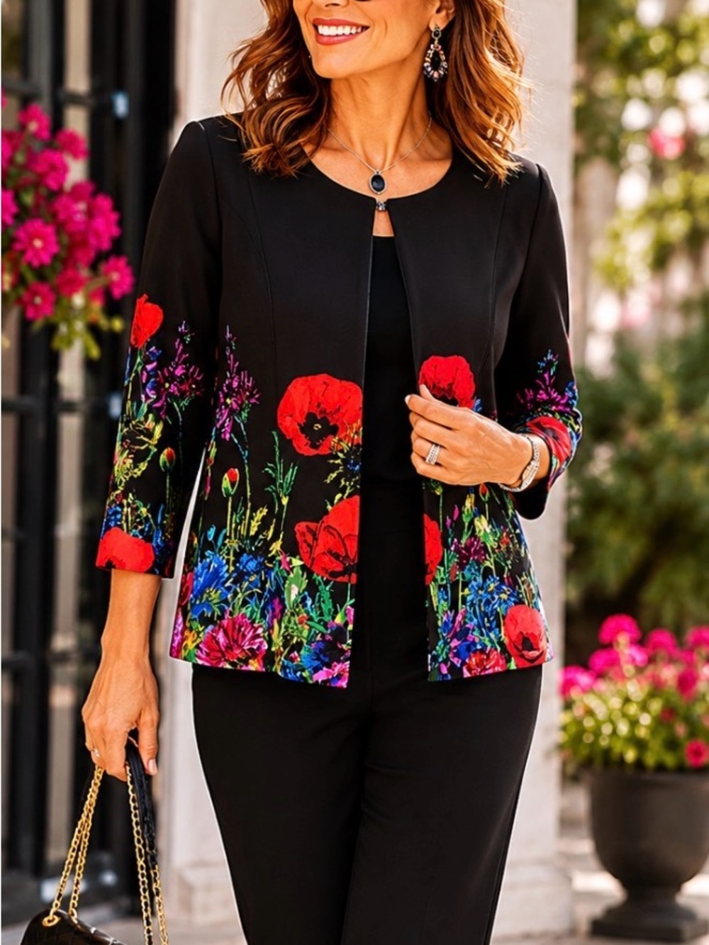 Peck & Peck Floral Open Front Jacket Large Black Red Blue Statement Blazer